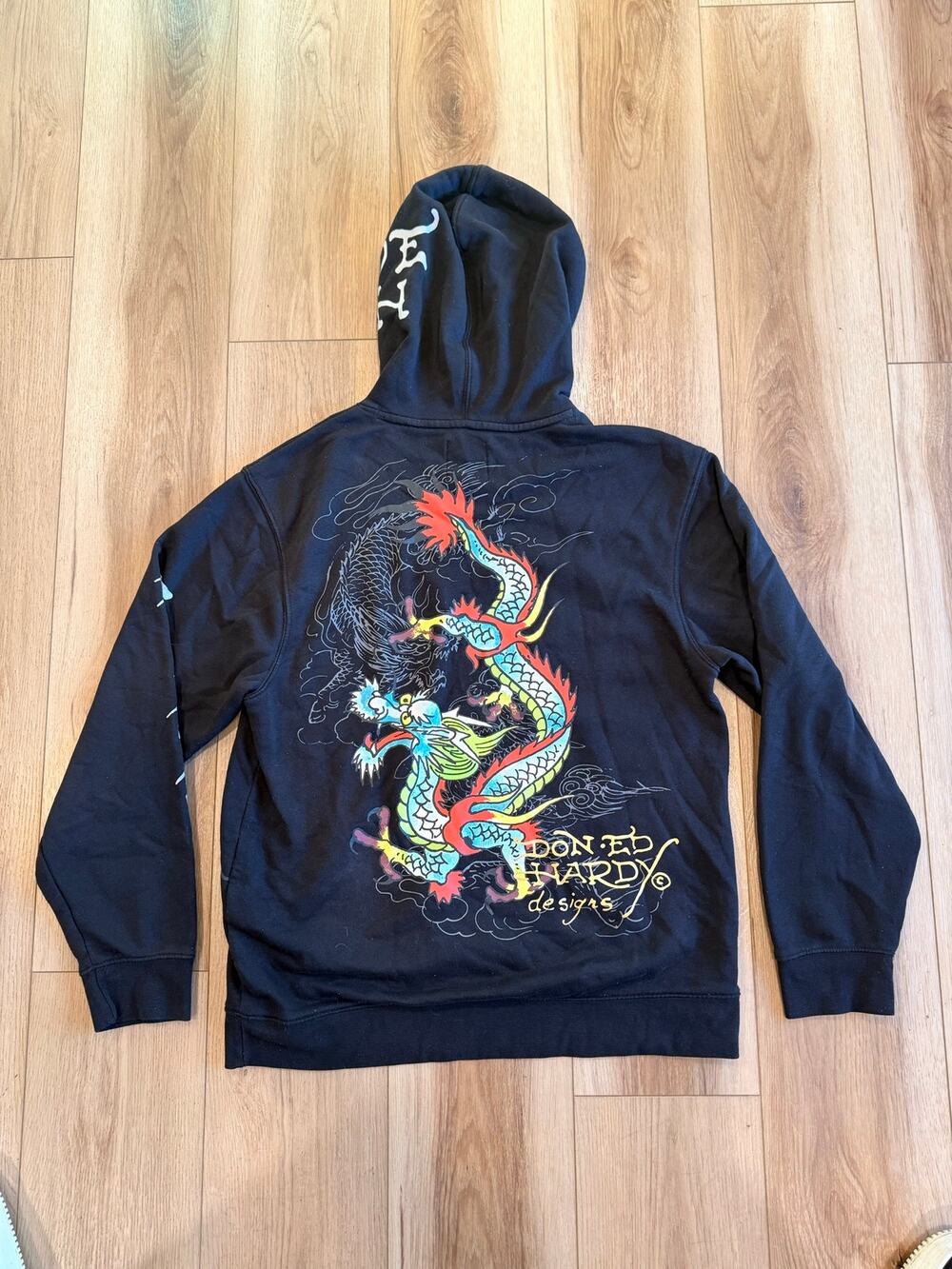 Ed Hardy Mens Dragon Tattoo Graphic Hoodie Black Large Streetwear Pullover Med